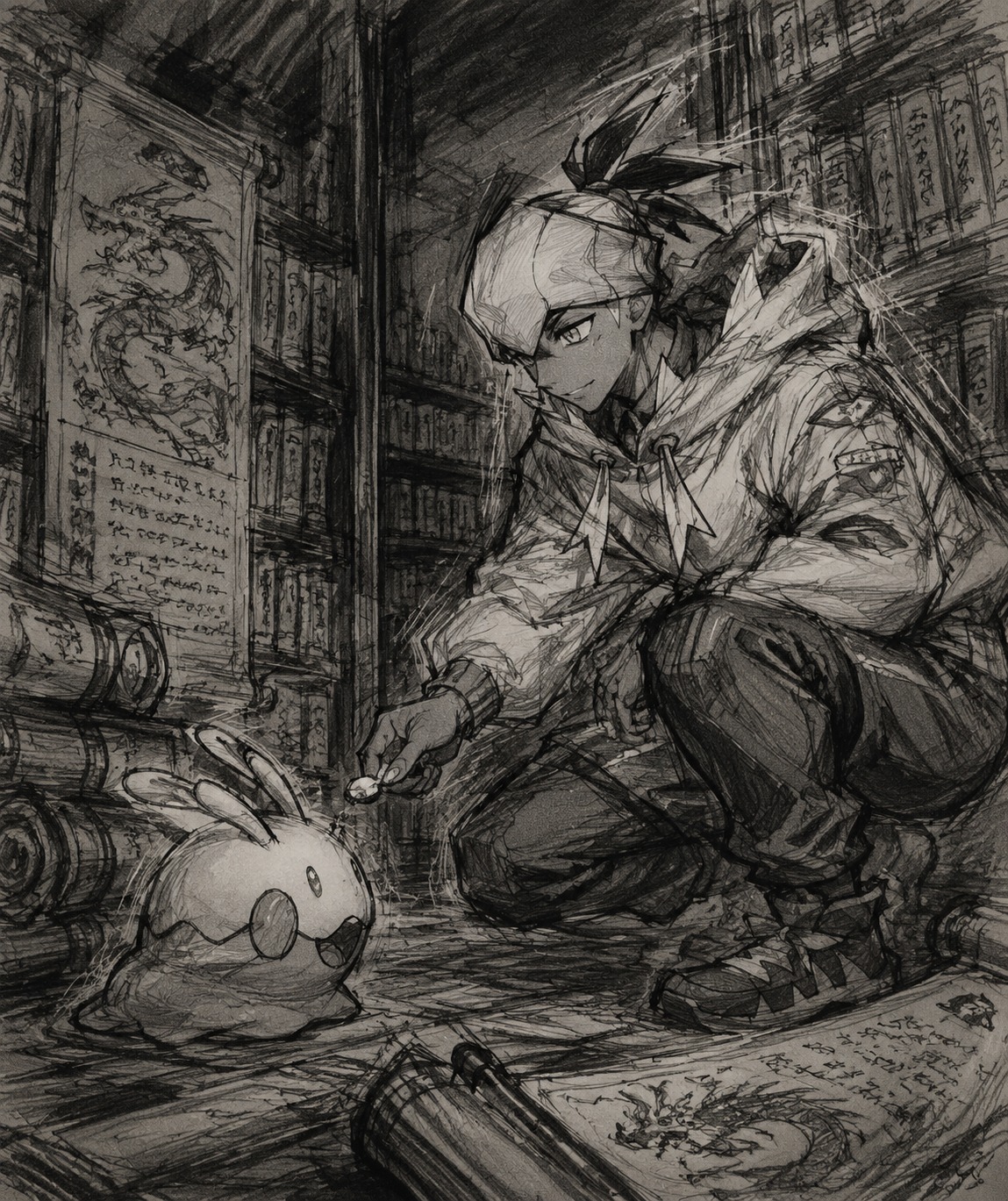 Feeding a small piece of candy to a goomy In a dimly lit library filled with ancient dragon scrolls (rough charcoal sketch with dynamic movement lines)