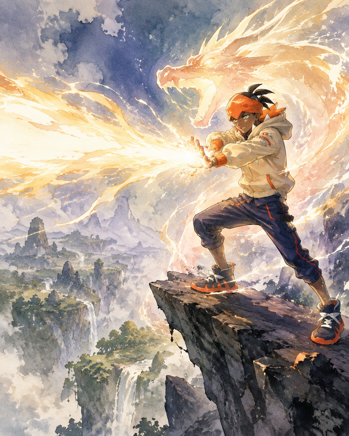 Unleashing a powerful beam of dragon energy On a jagged cliff overlooking the misty Wild Area (ethereal watercolor with glowing magical accents)