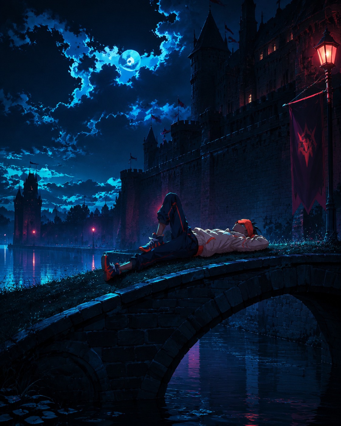 Watching the clouds pass while lying on the grass On a stone bridge crossing a quiet castle moat (cinematic neon noir with high contrast shadows)