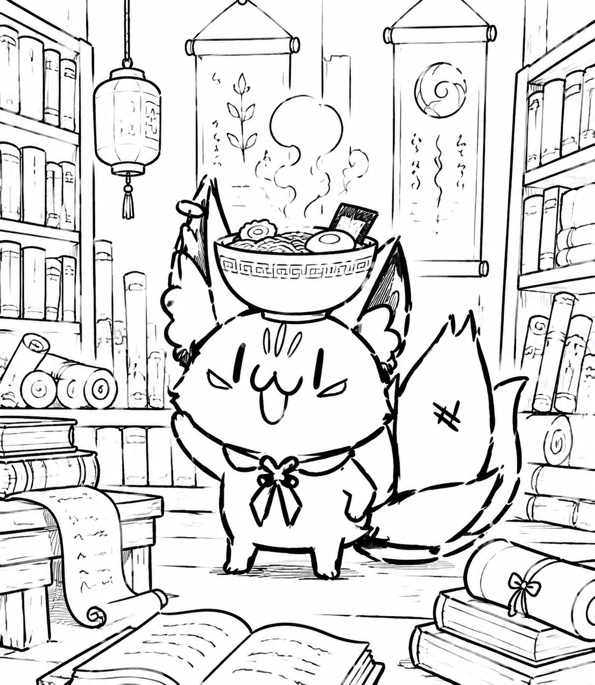 Balancing a steaming bowl of ramen In a cozy library filled with ancient scrolls (minimalist line art, clean monochrome)
