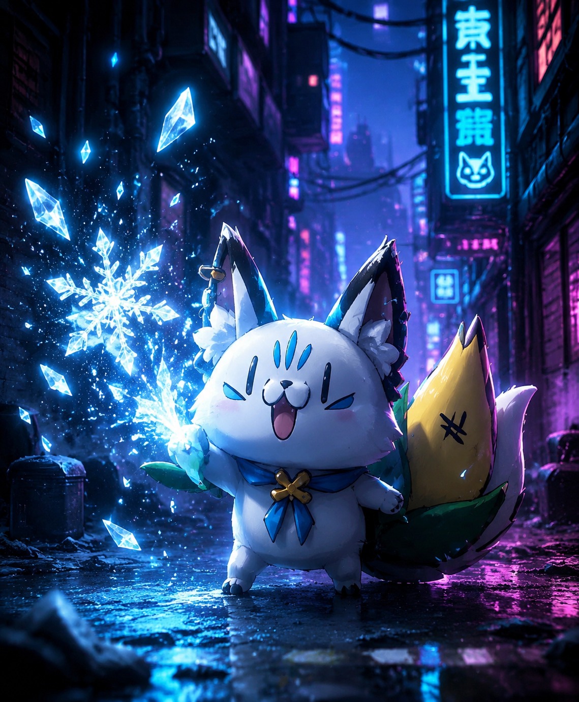 Casting a shimmering ice spell In a futuristic neon-lit city alley (cinematic fantasy, dramatic volumetric lighting)