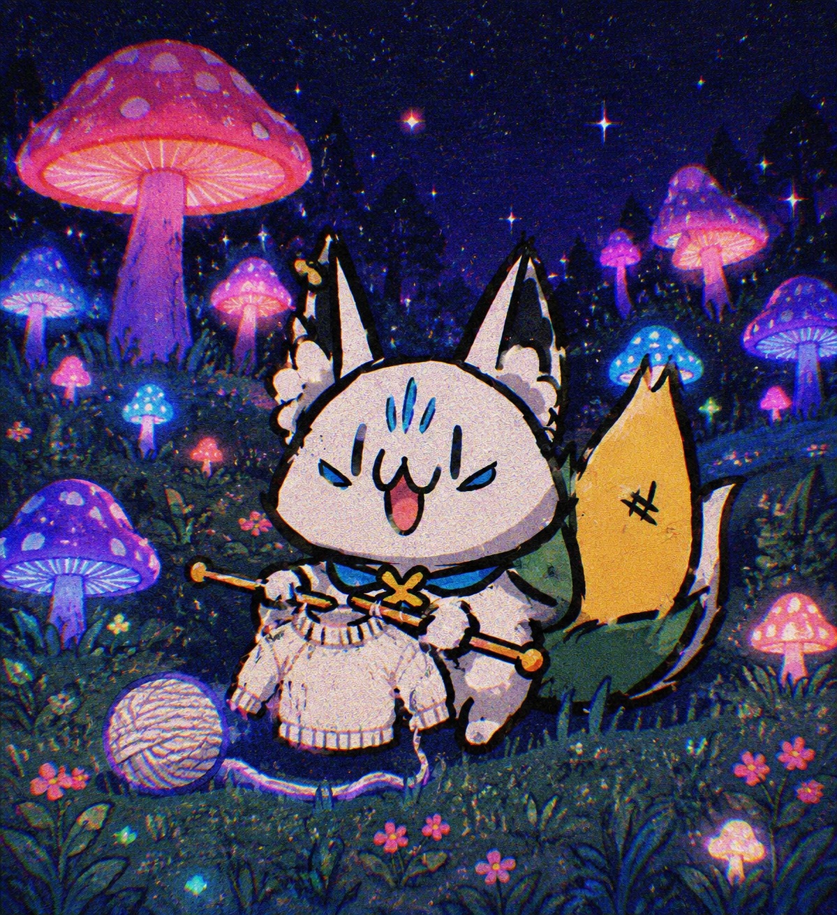 Knitting a miniature white sweater In a meadow of glowing magical mushrooms (90s retro aesthetic, grainy lo-fi)