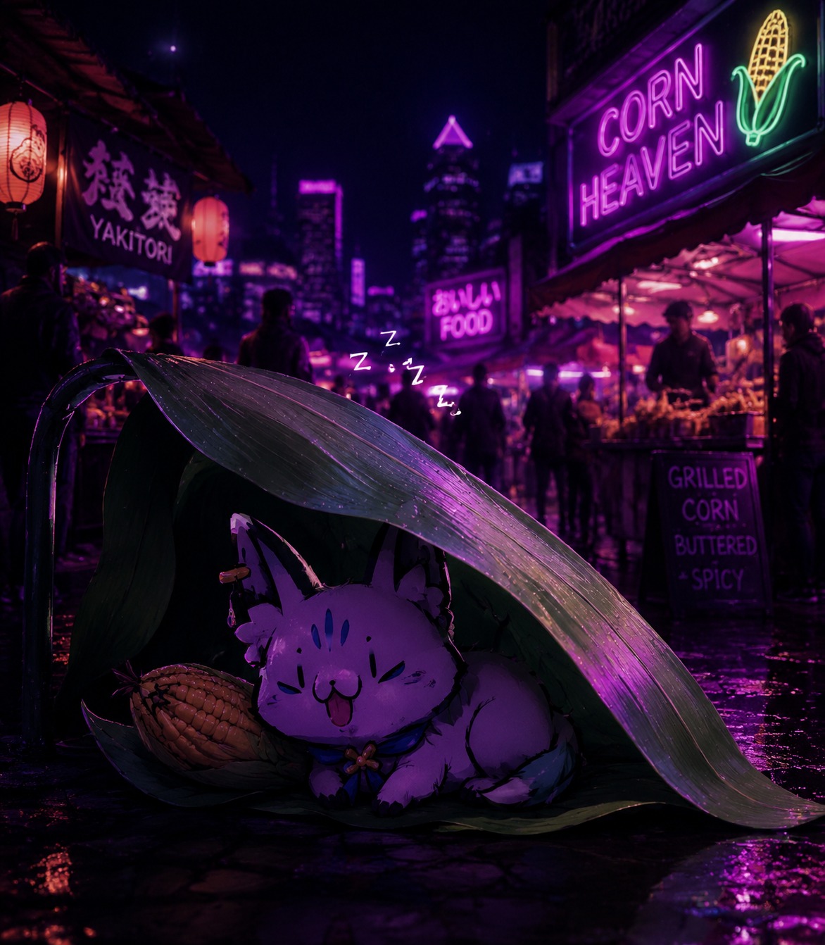 Napping under a giant corn leaf At a bustling outdoor food market (dark synthwave, neon purple glow)
