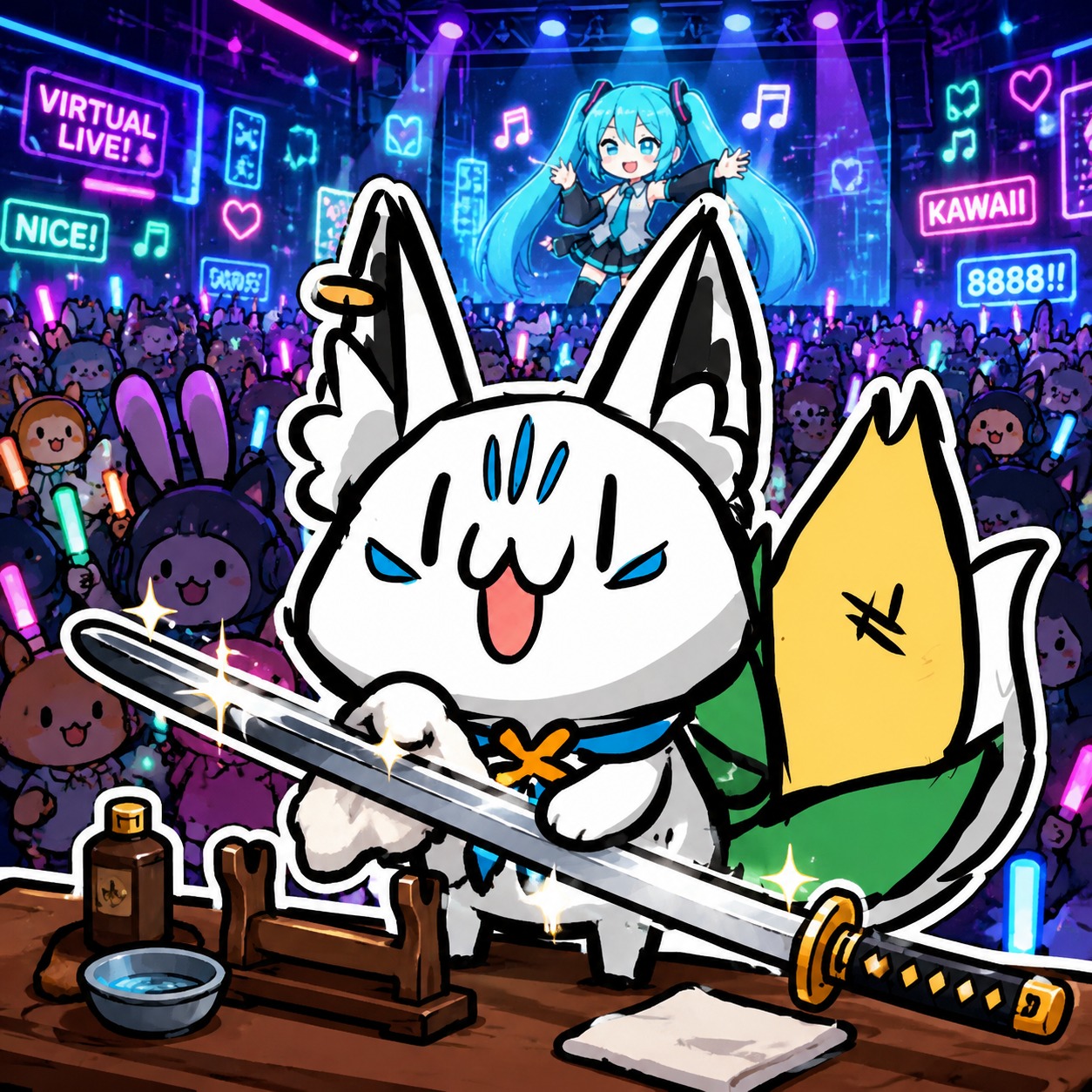 Polishing a sharp silver katana At a crowded virtual concert hall (chibi sticker art, bold colorful outlines)
