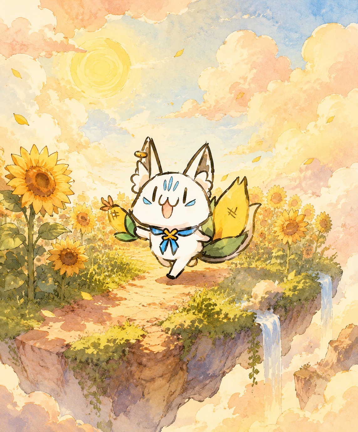 Sprinting through a field of sunflowers On a floating island amidst golden clouds (soft watercolor, pastel dreamscape)