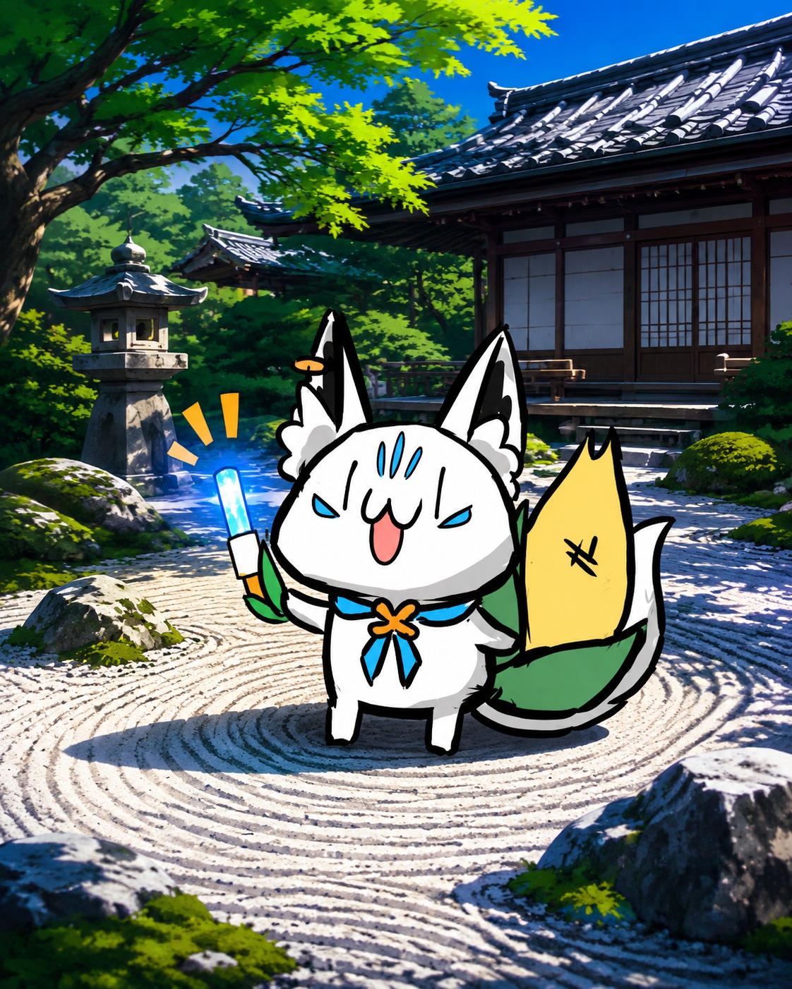 Waving a tiny blue glowstick In a quiet traditional zen garden (vibrant anime style, high contrast)