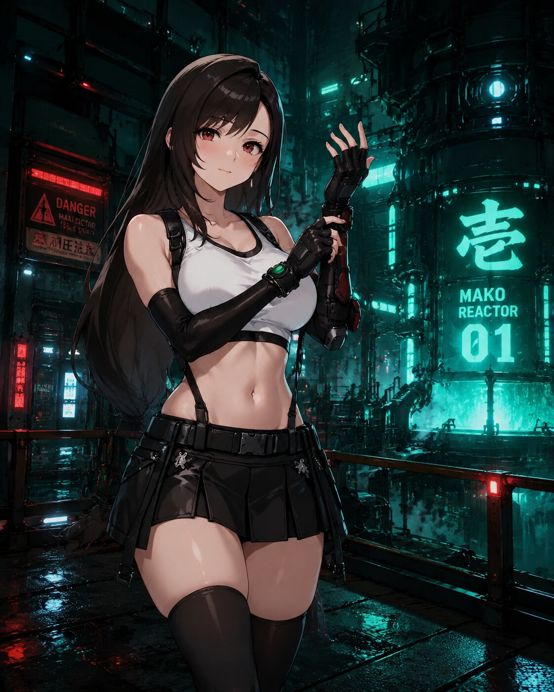 Adjusting her leather combat gloves in a cold industrial mako reactor chamber (cyberpunk neon aesthetic)