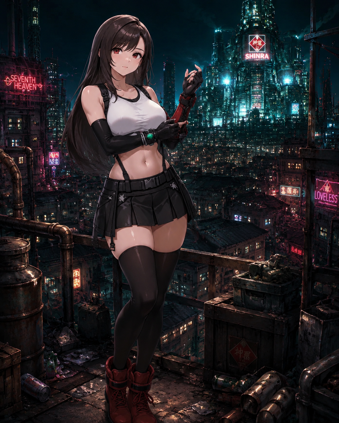 Adjusting her leather combat gloves On a cluttered rooftop overlooking the Midgar slums (cyberpunk neon aesthetic, sharp focus and high contrast)