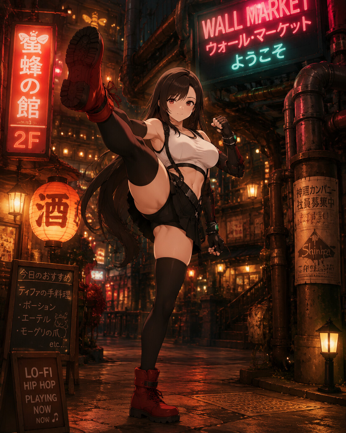 Delivering a powerful high kick at a neon-drenched street corner in Wall Market (lo-fi hip hop aesthetic)