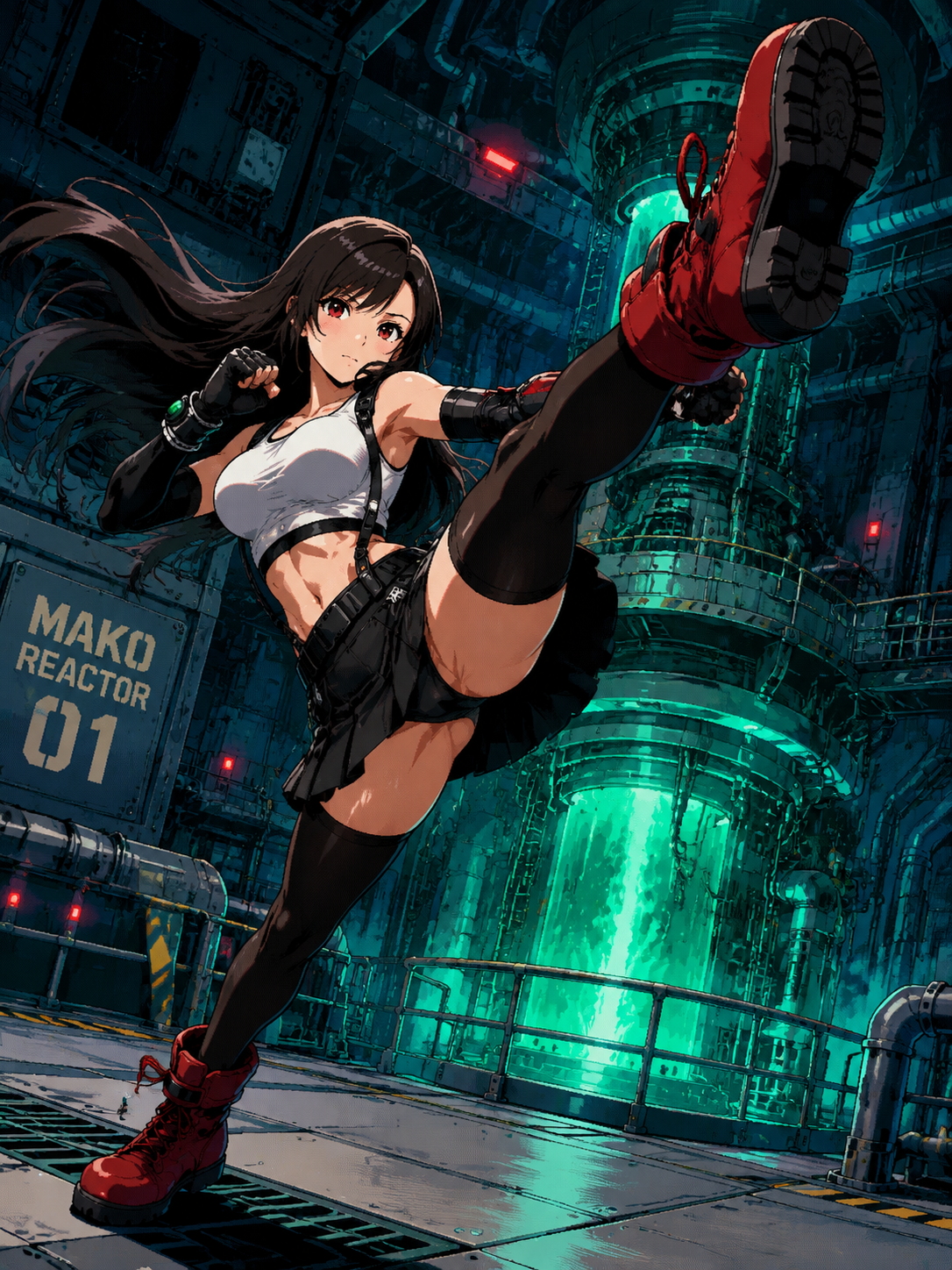 Delivering a powerful high kick In a cold industrial mako reactor chamber (90s retro anime, cel-shaded with vibrant colors)