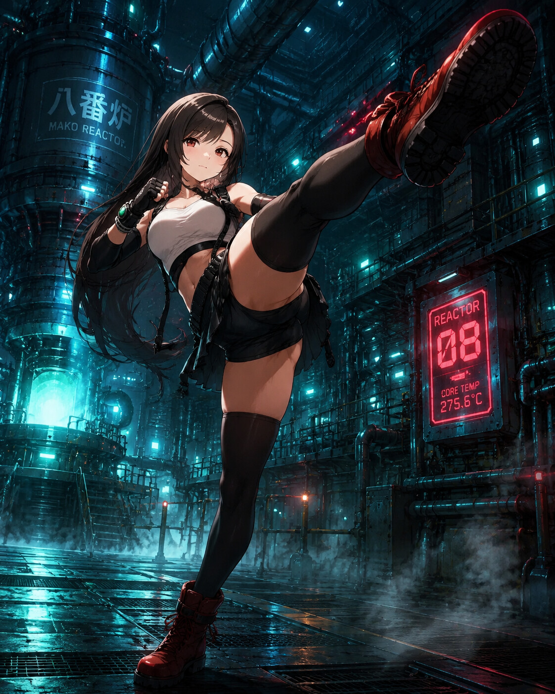 Delivering a powerful high kick in a cold industrial mako reactor chamber (cyberpunk neon aesthetic)