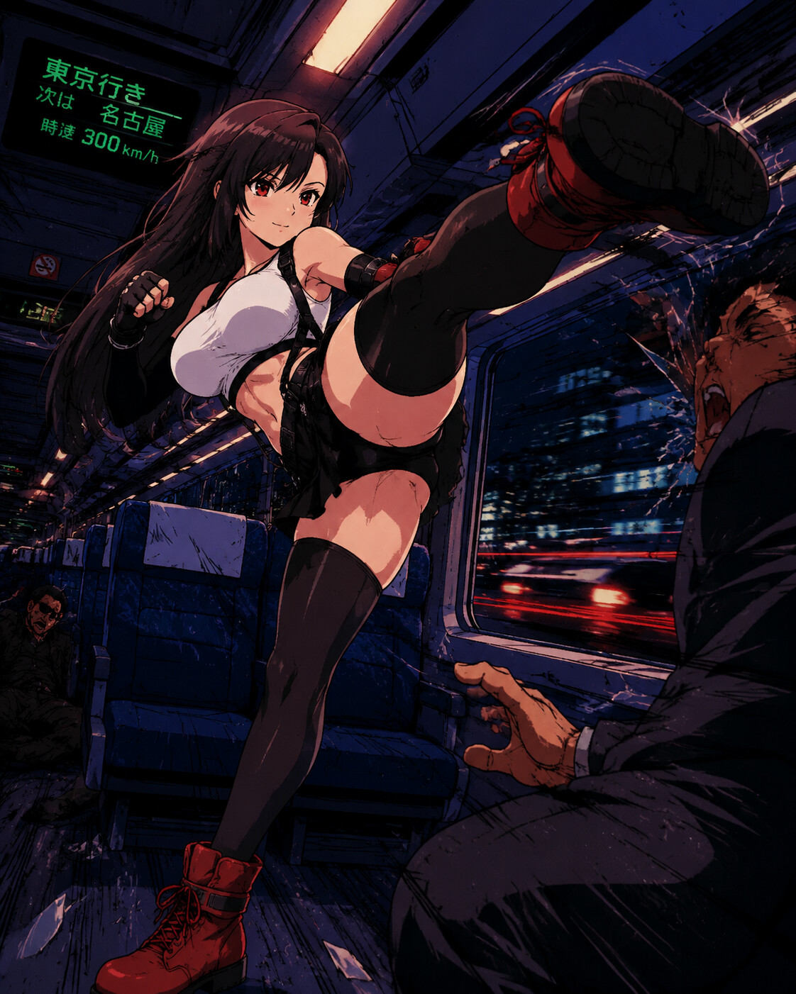 Delivering a powerful high kick on a high-speed train cutting through the dark (90s retro anime)