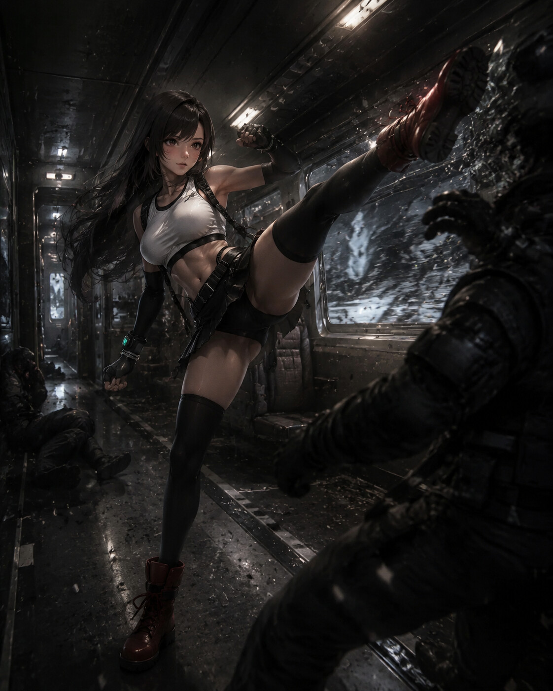 Delivering a powerful high kick on a high-speed train cutting through the dark (gritty cinematic realism)