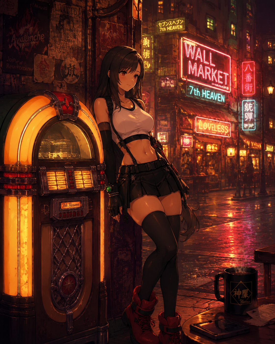 Leaning against a jukebox lost in thought At a neon-drenched street corner in Wall Market (lo-fi hip hop aesthetic, cozy and warm glow)