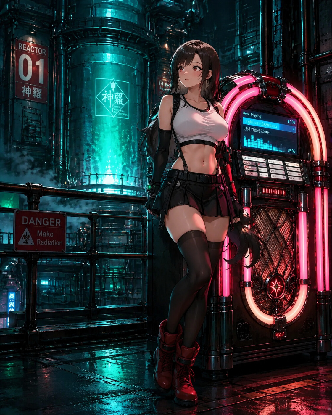 Leaning against a jukebox lost in thought in a cold industrial mako reactor chamber (cyberpunk neon aesthetic)
