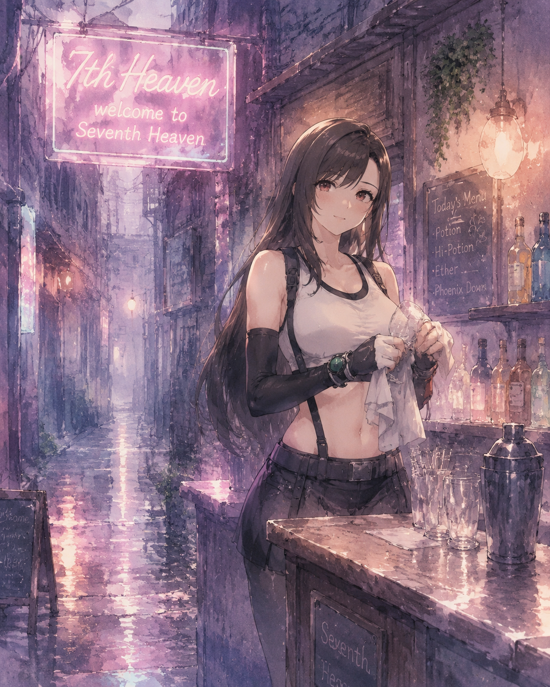 Polishing a glass behind the counter In a rain-slicked alleyway beneath a glowing sign (soft watercolor illustration, ethereal pastel tones)