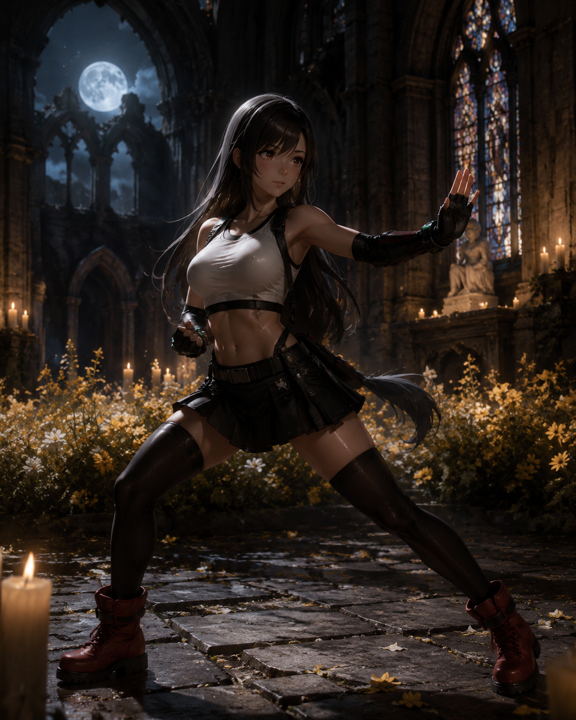 Practicing her katas under the moonlight In a quiet church filled with blooming yellow flowers (gritty cinematic realism, moody lighting and dust motes)