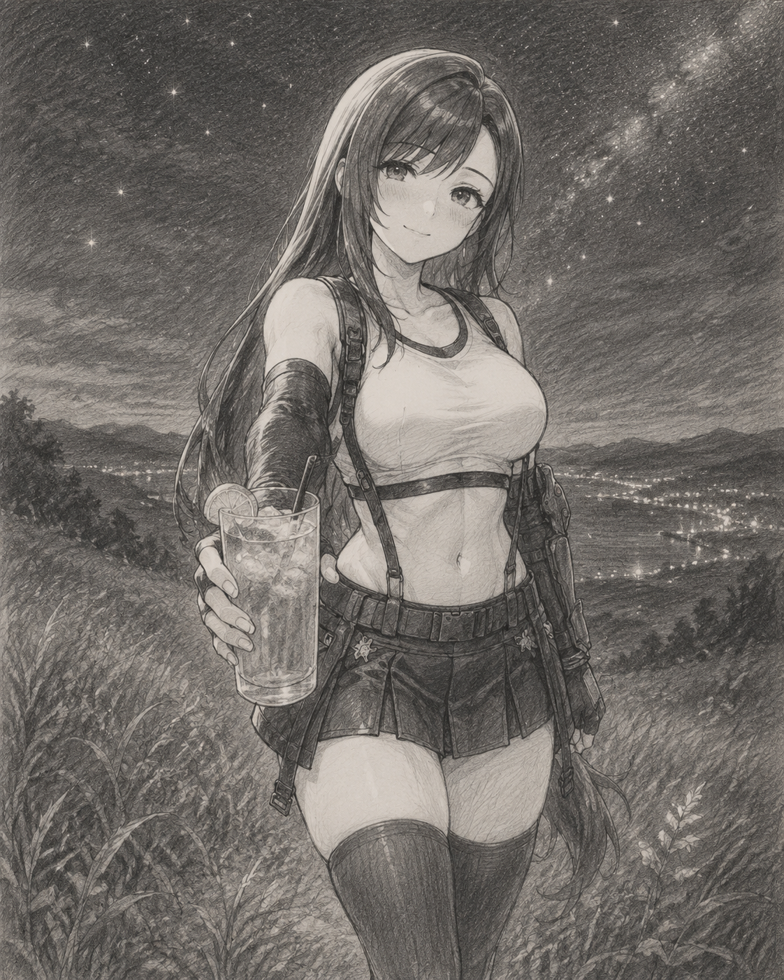 Serving a cold drink with a warm smile On a grassy hill under a starlit sky (delicate pencil sketch with charcoal shading)