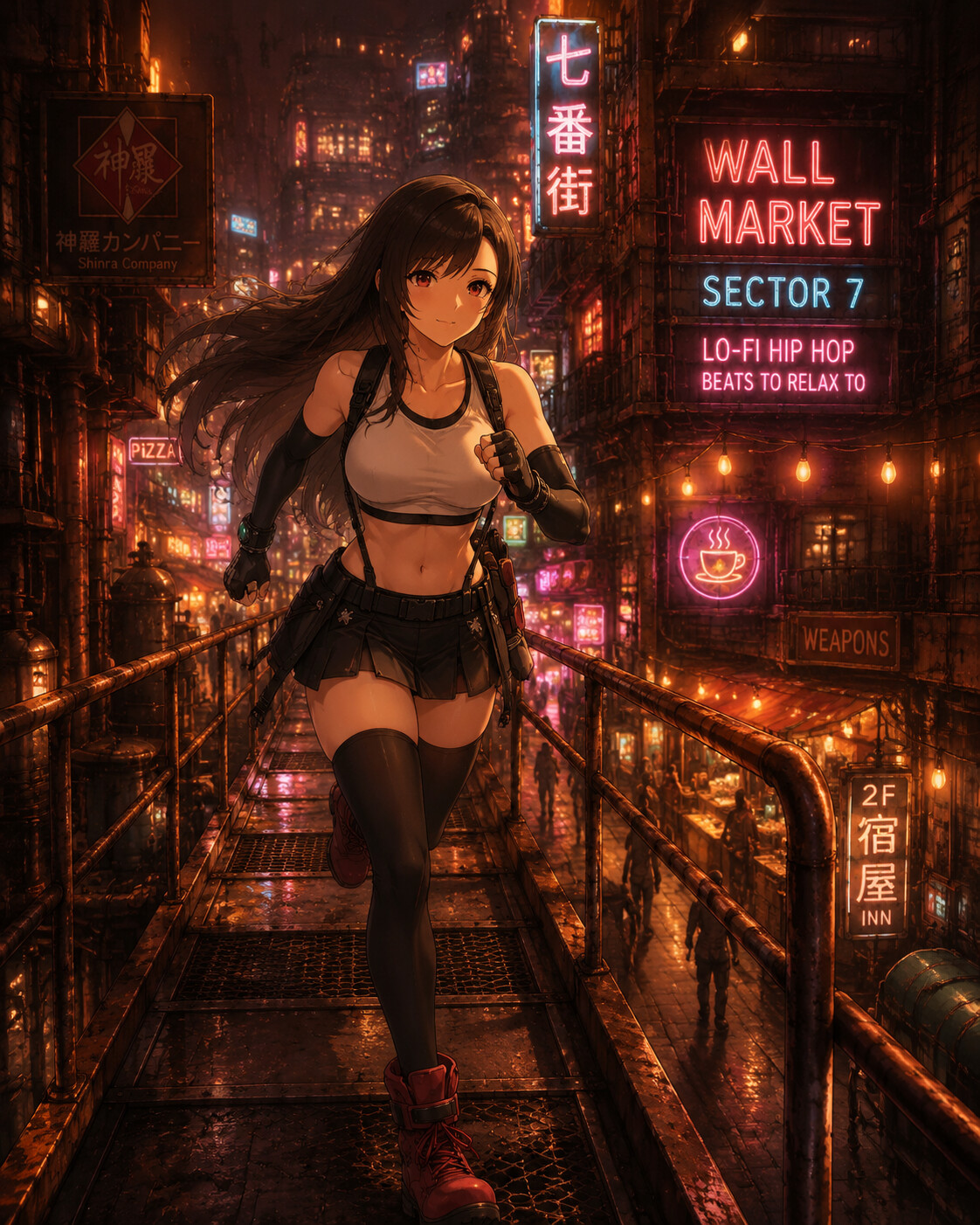 Sprinting across a rusted metal catwalk at a neon-drenched street corner in Wall Market (lo-fi hip hop aesthetic)