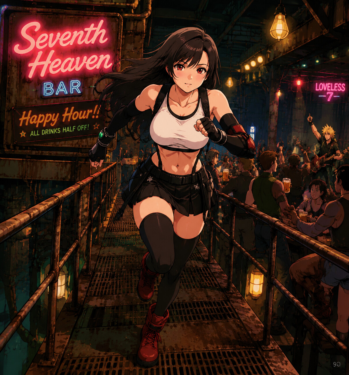 Sprinting across a rusted metal catwalk at the Seventh Heaven bar during happy hour (90s retro anime)