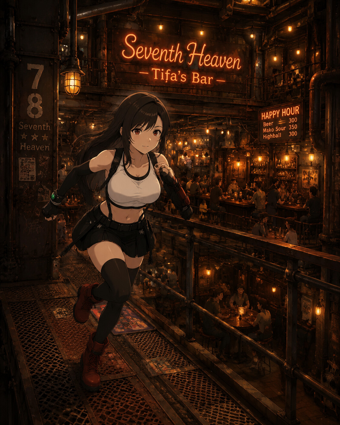 Sprinting across a rusted metal catwalk at the Seventh Heaven bar during happy hour (lo-fi hip hop aesthetic)