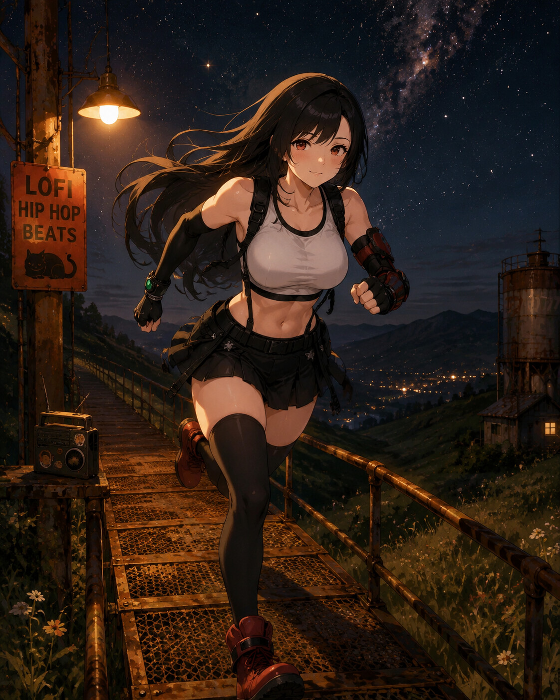 Sprinting across a rusted metal catwalk on a grassy hill under a starlit sky (lo-fi hip hop aesthetic)