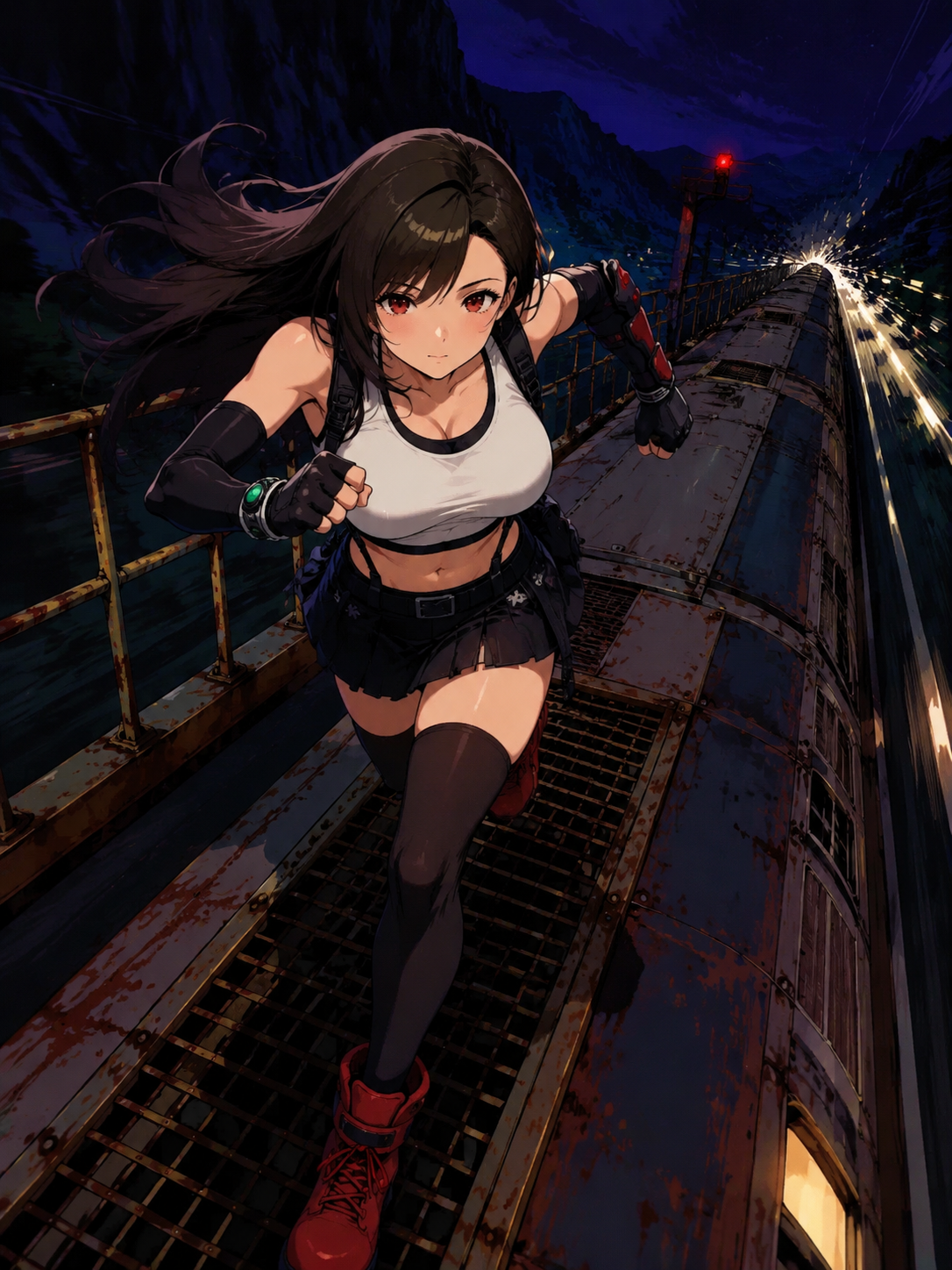 Sprinting across a rusted metal catwalk On a high-speed train cutting through the dark (90s retro anime, cel-shaded with vibrant colors)