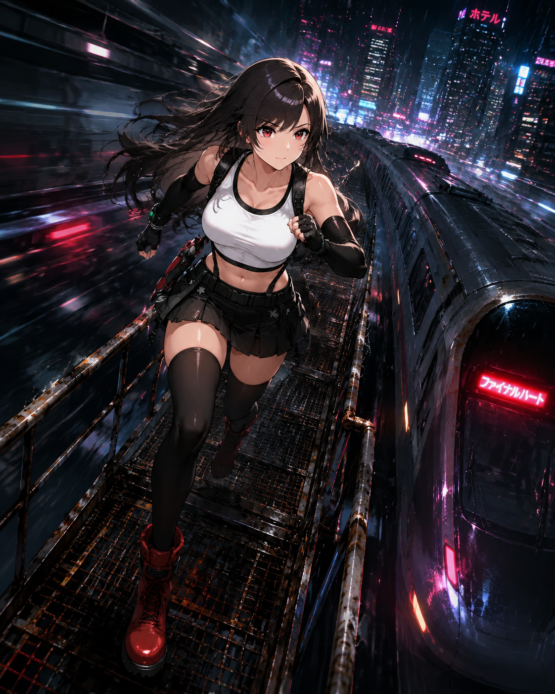 Sprinting across a rusted metal catwalk On a high-speed train cutting through the dark (cyberpunk neon aesthetic, sharp focus and high contrast)
