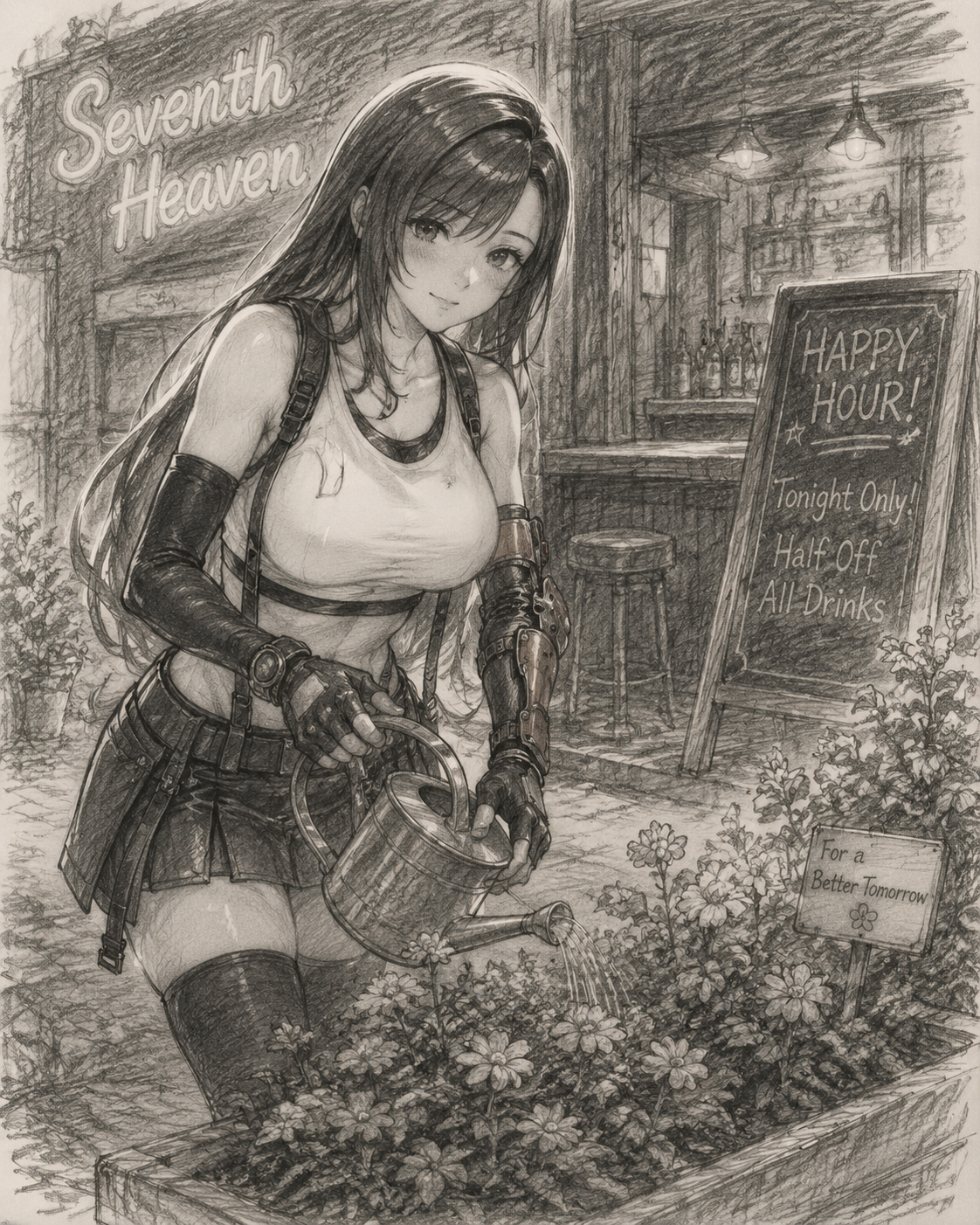 Tending to a small flower garden At the Seventh Heaven bar during happy hour (delicate pencil sketch with charcoal shading)