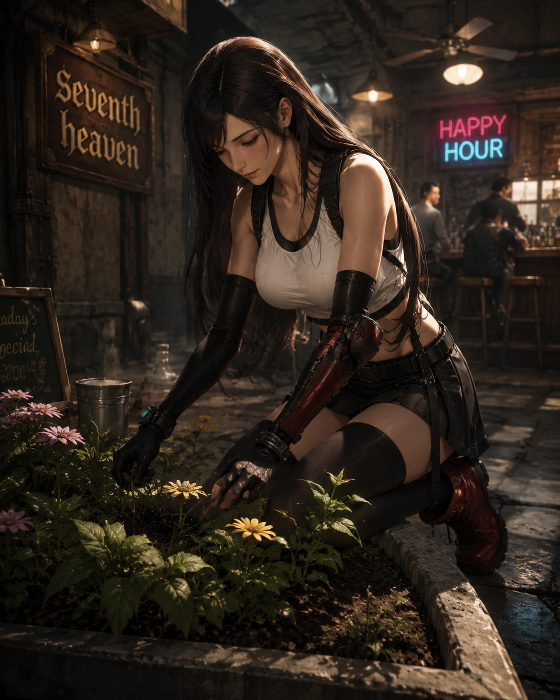 Tending to a small flower garden At the Seventh Heaven bar during happy hour (gritty cinematic realism, moody lighting and dust motes)