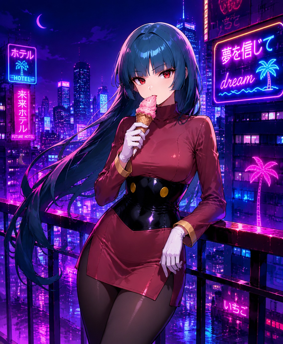 Eating a strawberry ice cream cone On a neon-lit urban balcony at midnight (vibrant vaporwave aesthetic, neon glow)