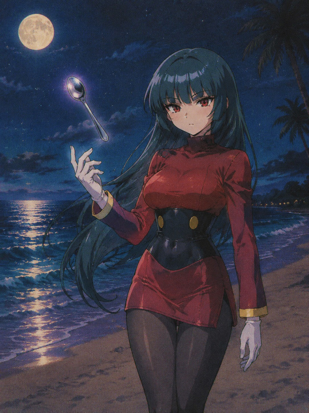 Levitating a silver spoon with her mind On a peaceful beach under the moonlight (90s retro anime style, grainy texture)