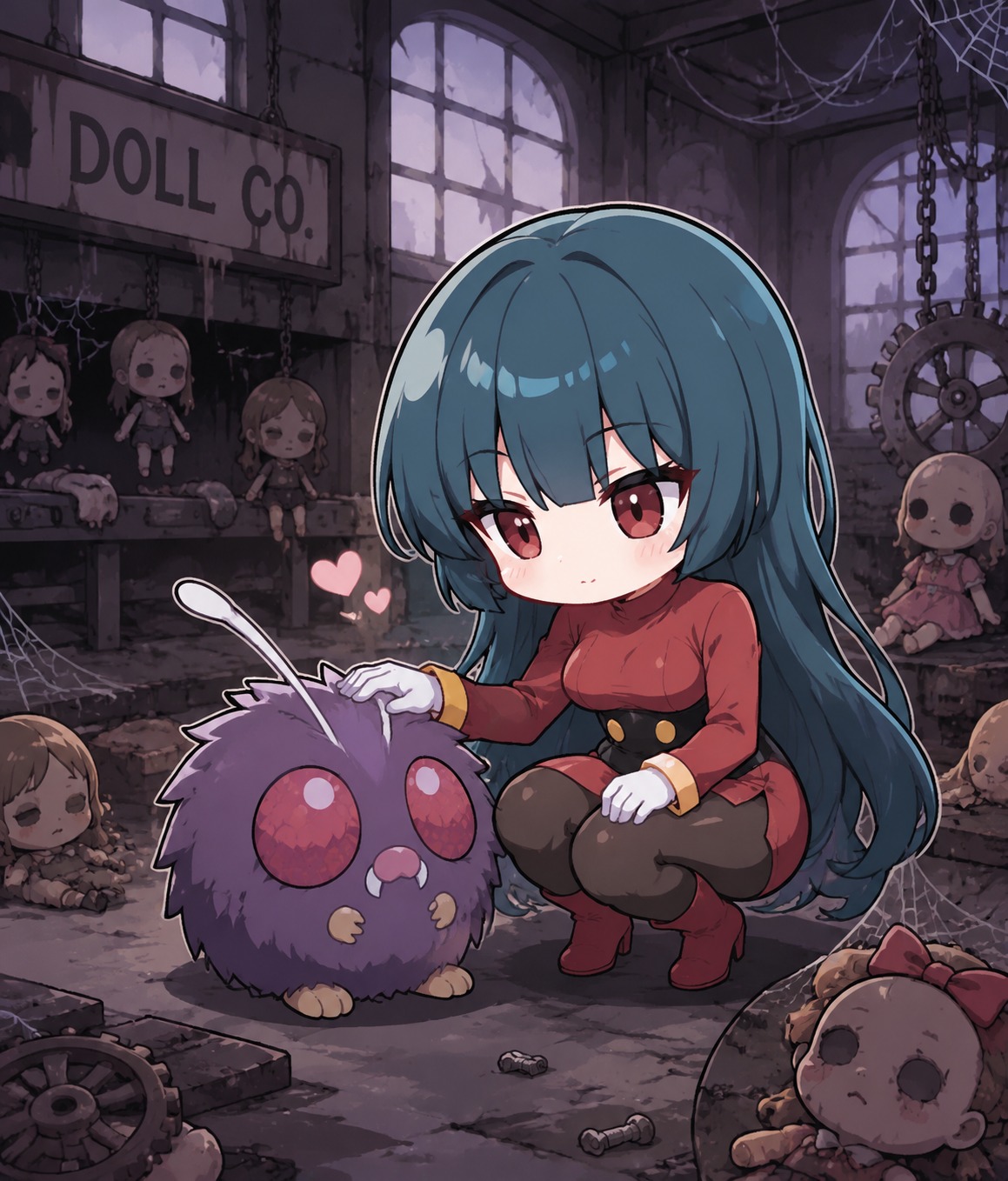 Petting a small wild venonat At an abandoned haunted doll factory (cute chibi art, bubbly lines)