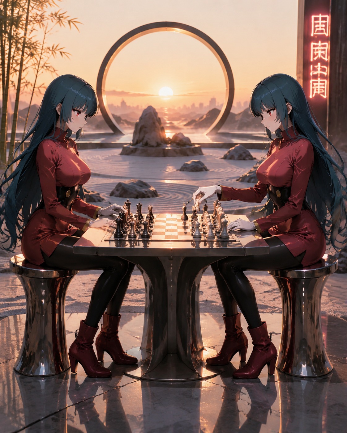 Playing a game of chess against herself In a minimalist Zen garden at sunrise (sleek cyberpunk illustration, metallic finish)