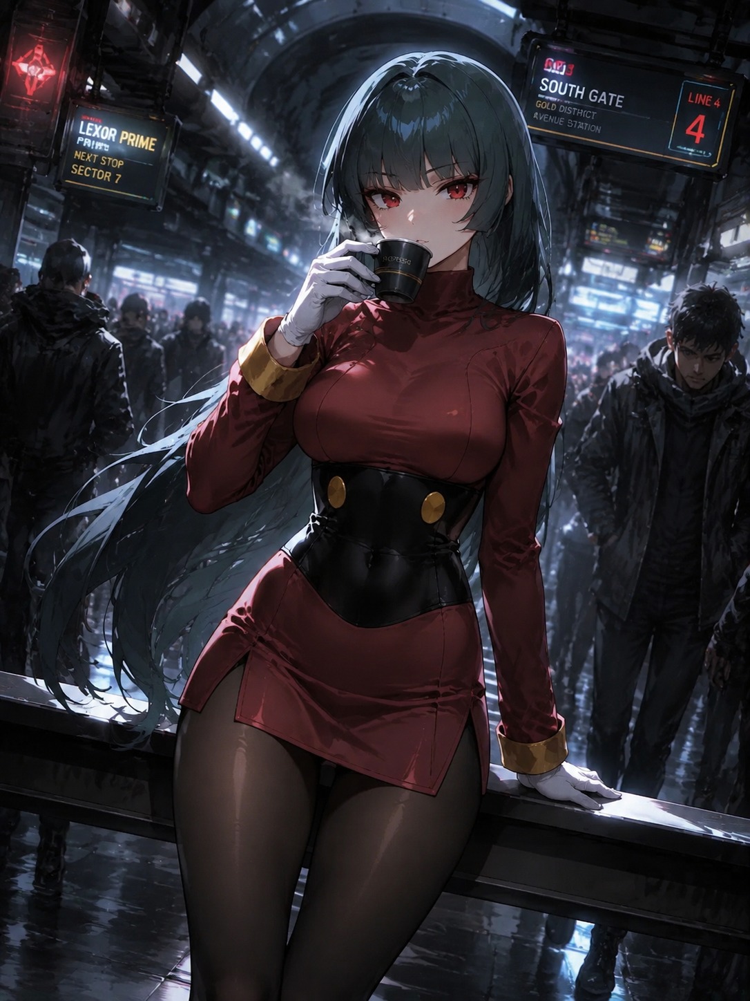 Sipping a hot cup of espresso In a crowded futuristic subway station (cinematic dark fantasy, sharp highlights)