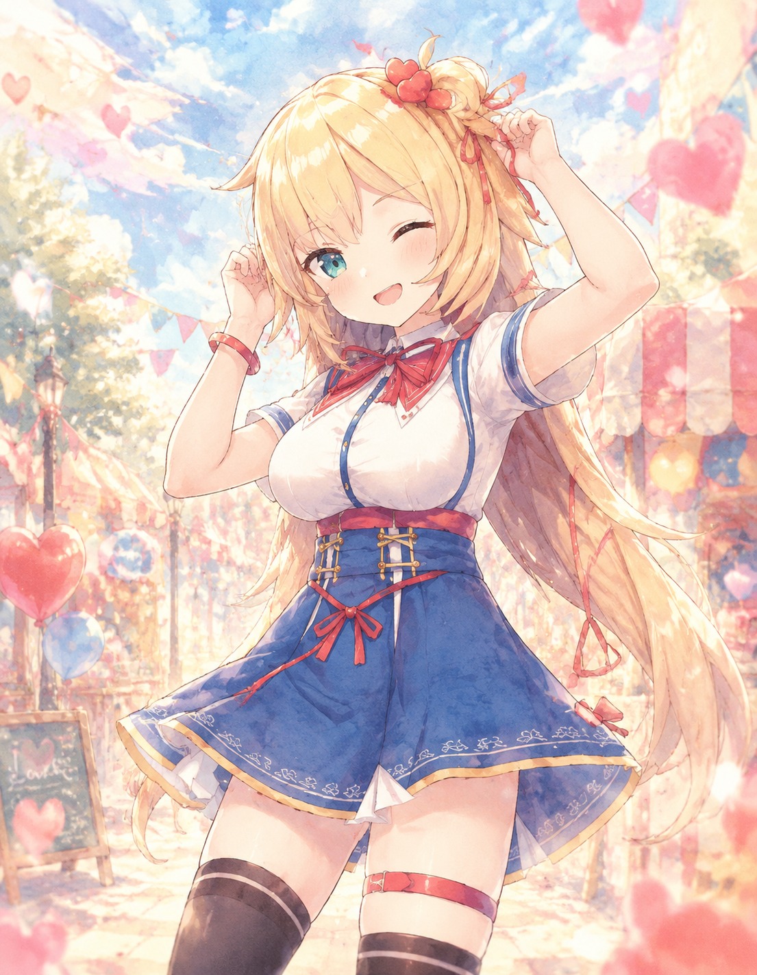 Adjusting her red hair ribbons At a sunny outdoor festival with floating hearts (soft watercolor, dreamy pastel tones)