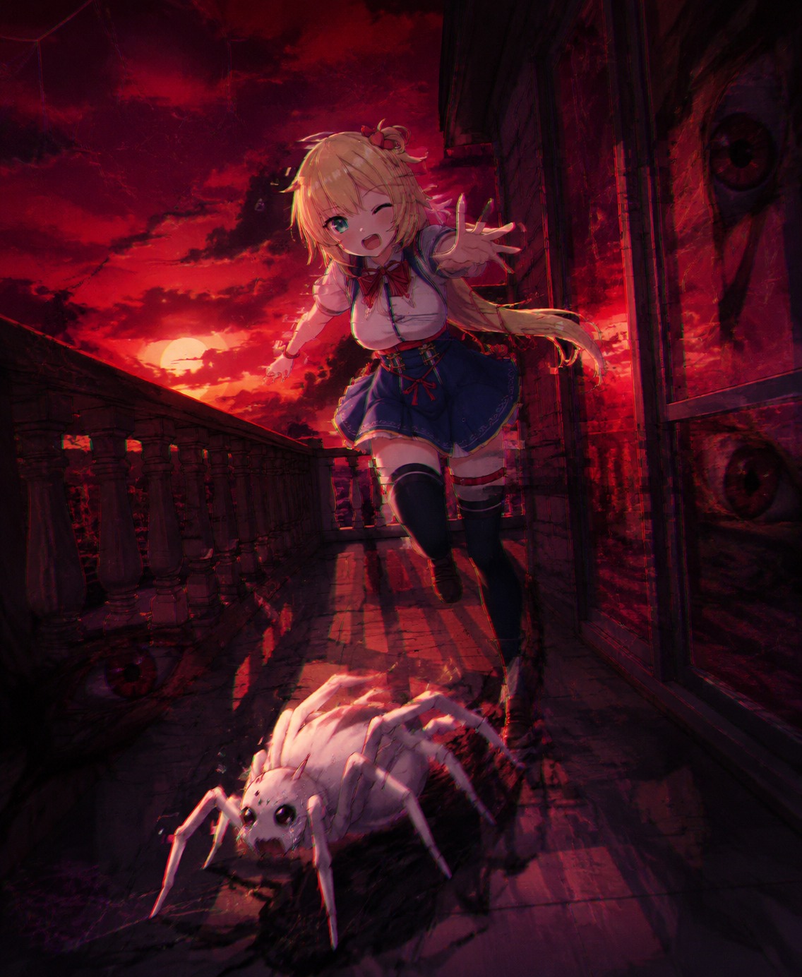 Chasing a frantic white spider On a quiet balcony during a crimson sunset (creepy surrealism, distorted glitch effects)