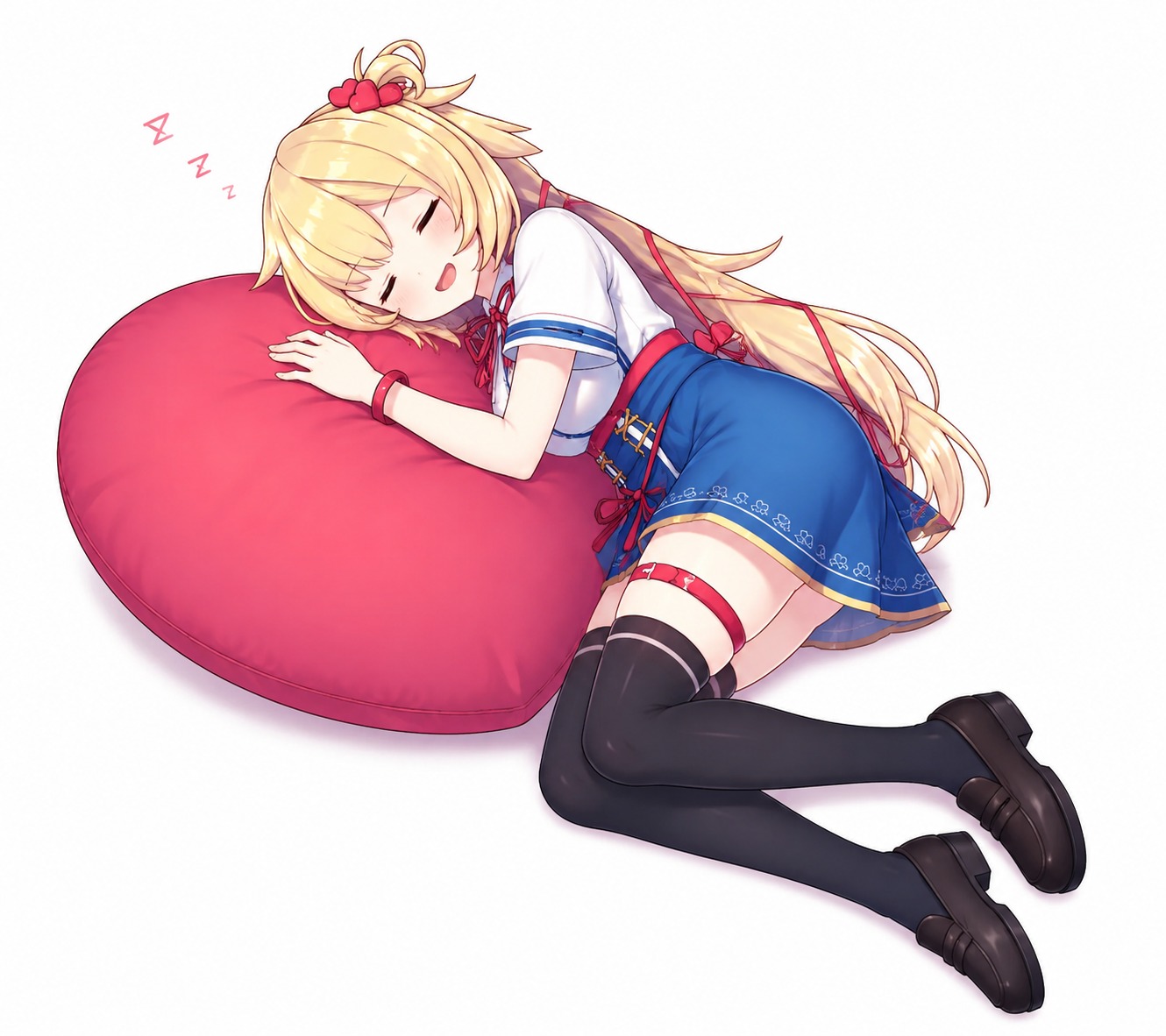 Sleeping soundly on a giant heart pillow In a minimalist studio with white walls (vibrant anime art, sharp cel shading)