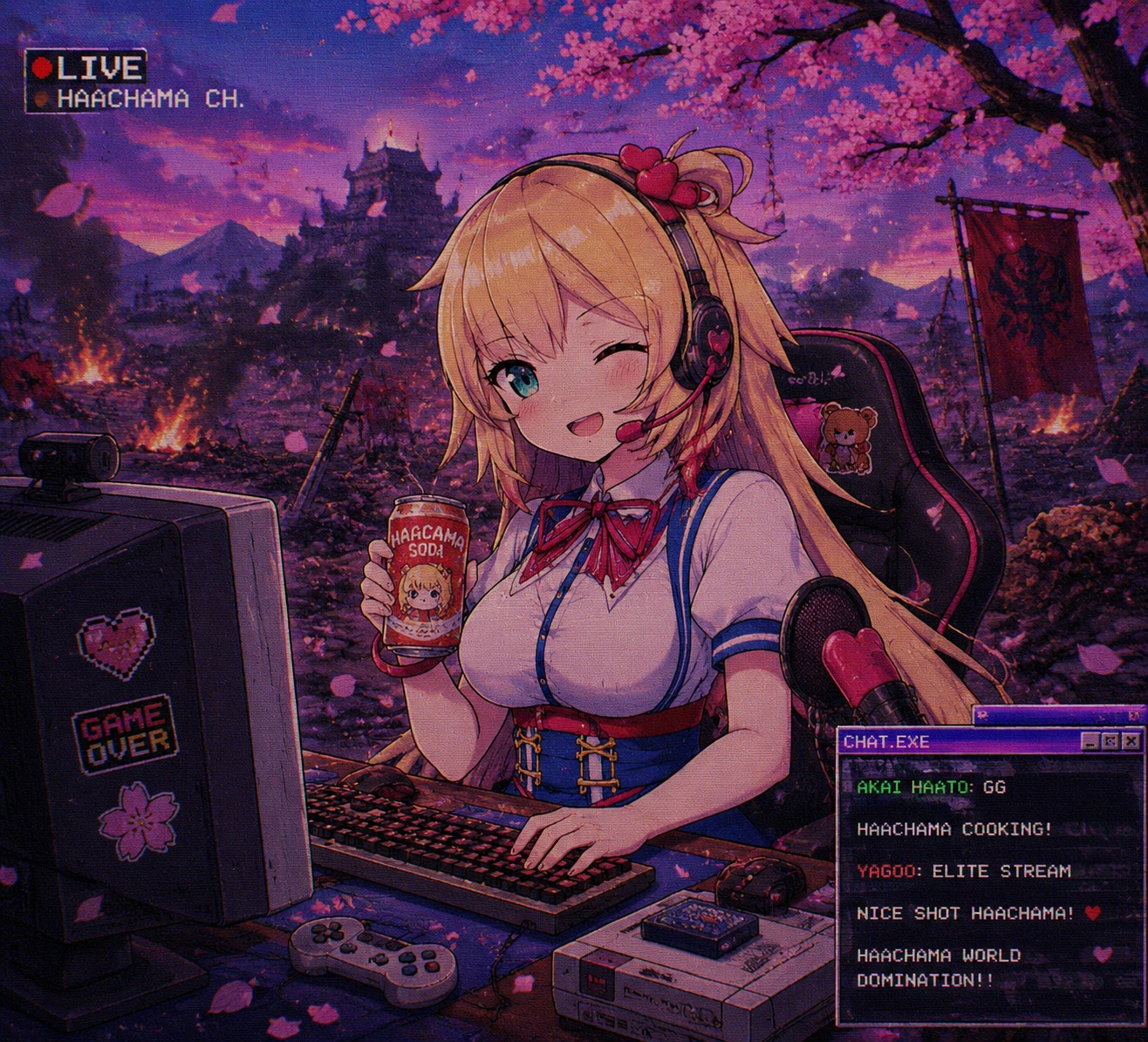 Streaming behind a gaming setup On a battlefield amidst falling cherry blossoms (retro 90s aesthetic, lo-fi grain)