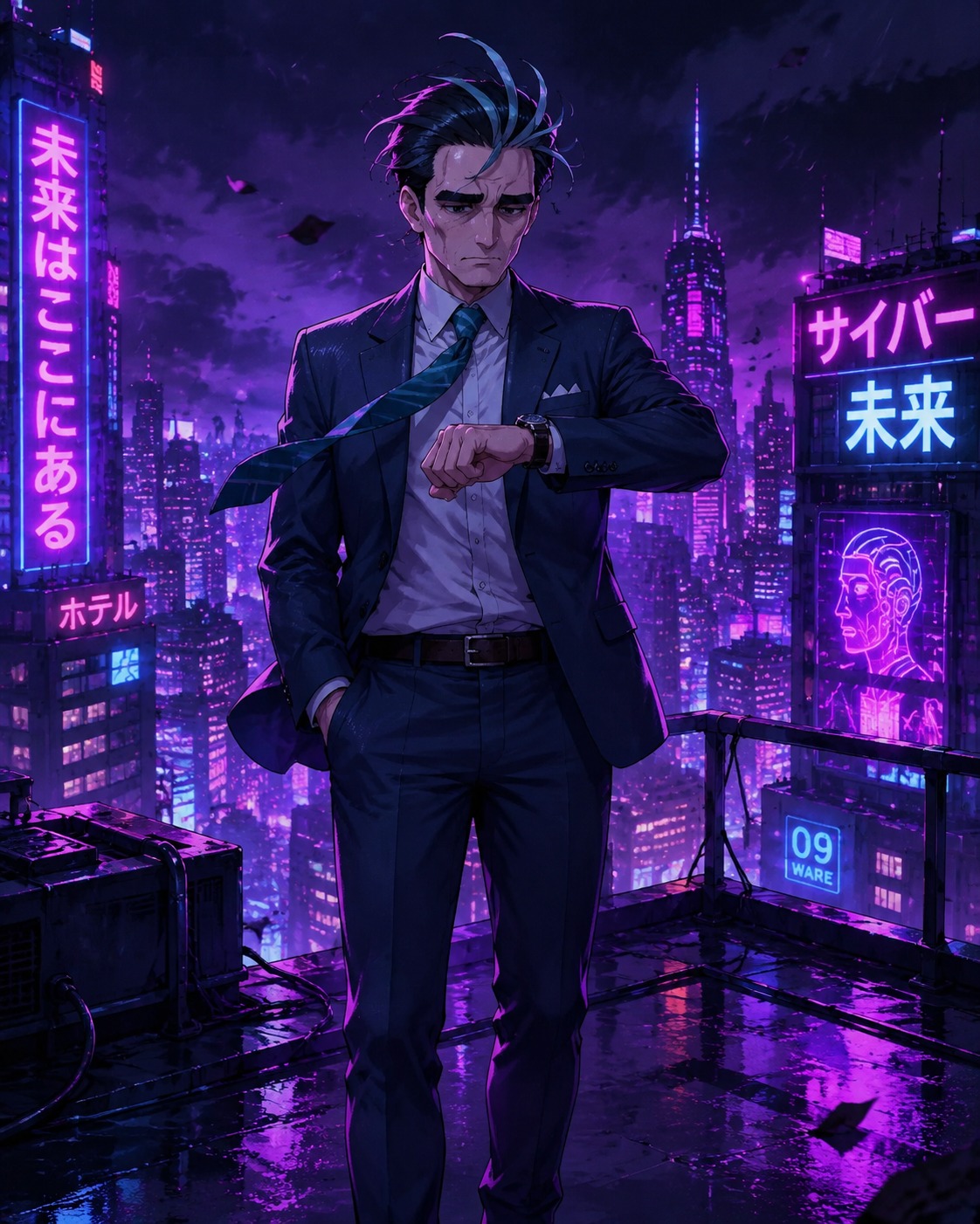 Checking his wristwatch with a weary expression On a windy skyscraper rooftop (cyberpunk neon, vibrant purple hues)