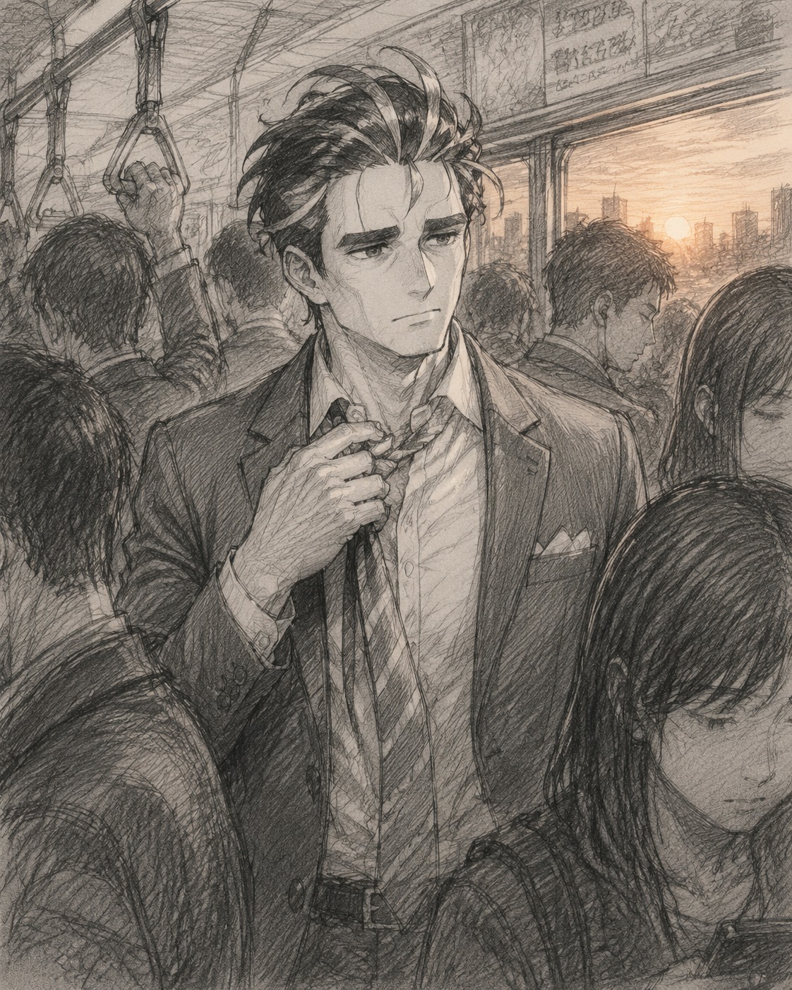 Loosening his necktie after a long shift On a crowded commuter train at sunset (rough pencil sketch, graphite texture)