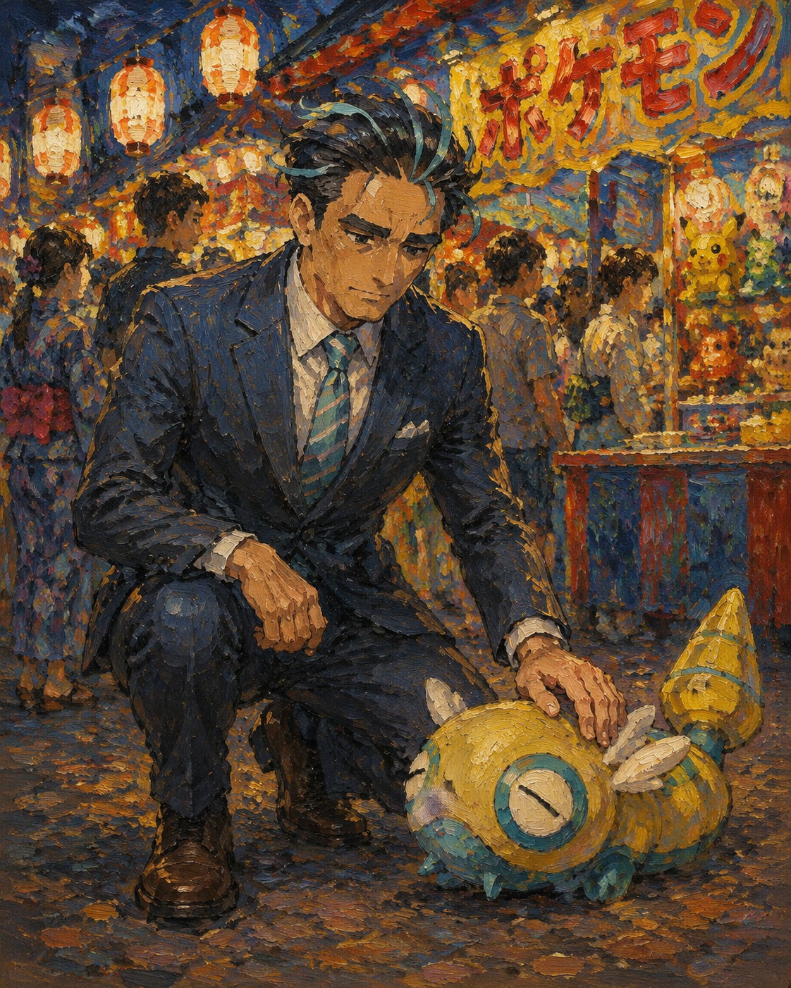 Petting a small dudunsparce At a bustling summer festival stall (impressionist oil painting, thick brushstrokes)
