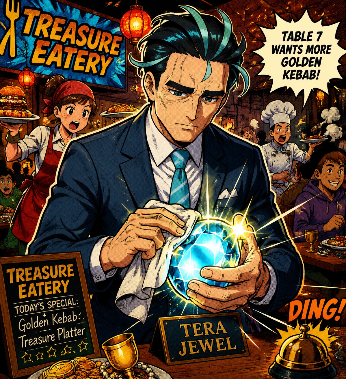 Polishing a glowing tera jewel In the Treasure Eatery during the dinner rush (bold pop art, halftone dots)