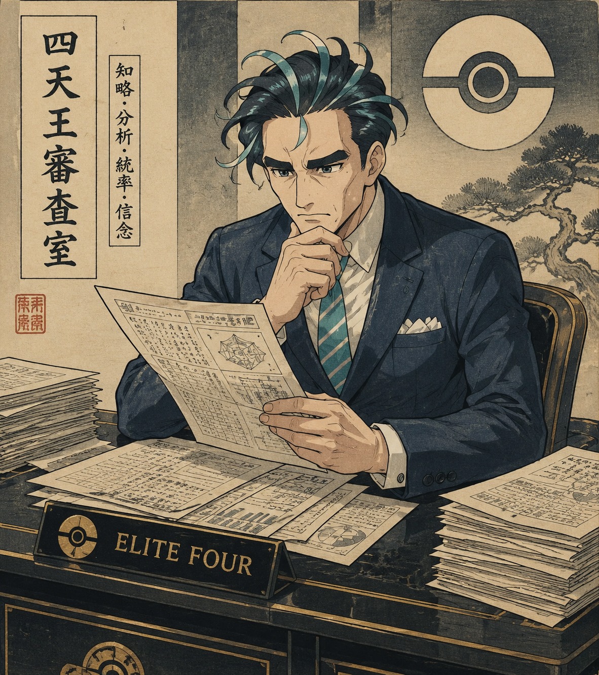 Reviewing a stack of complex paperwork At a polished Elite Four assessment desk (ukiyo-e woodblock print, traditional ink)