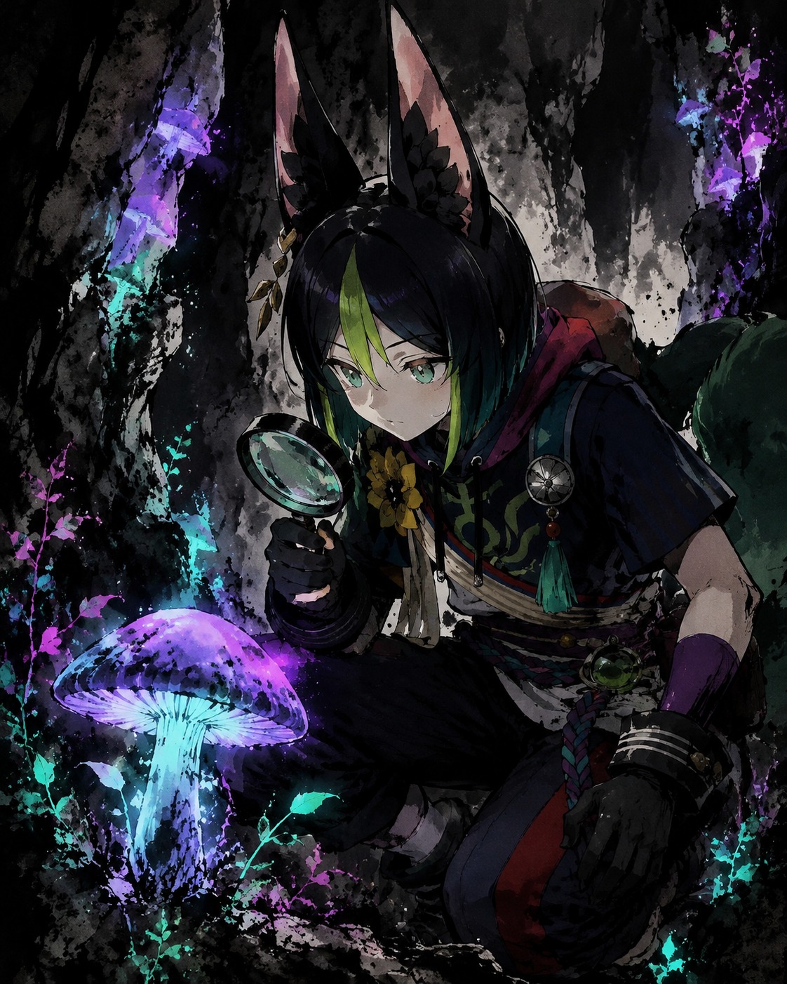 Carefully inspecting a rare mushroom with a magnifying glass In a hidden cave illuminated by neon flora (gritty ink wash illustration, high contrast)