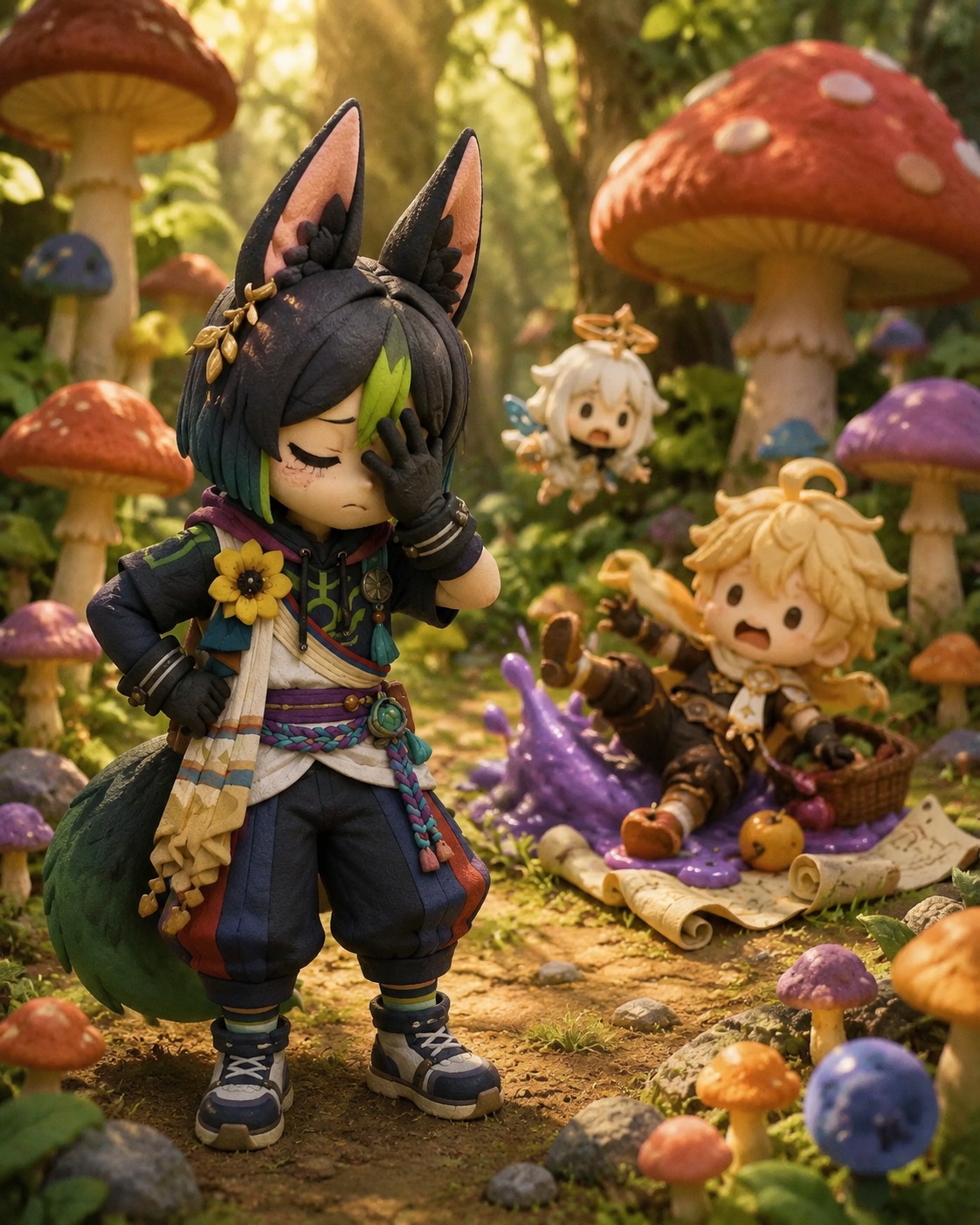 Facepalming at a traveler's poor decision In a sun-dappled clearing filled with giant mushrooms (chibi claymation style, playful textures)