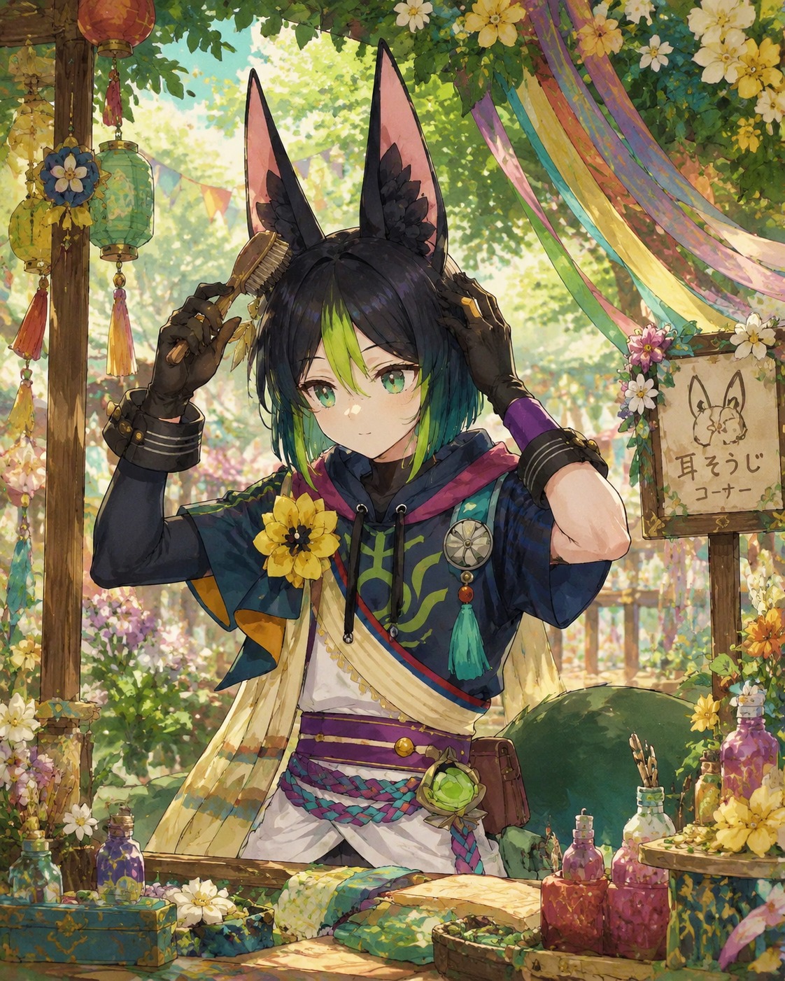 Gently grooming his large ears with a brush At a colorful festival stall decorated with ribbons (vibrant Ghibli-inspired watercolor, lush green tones)