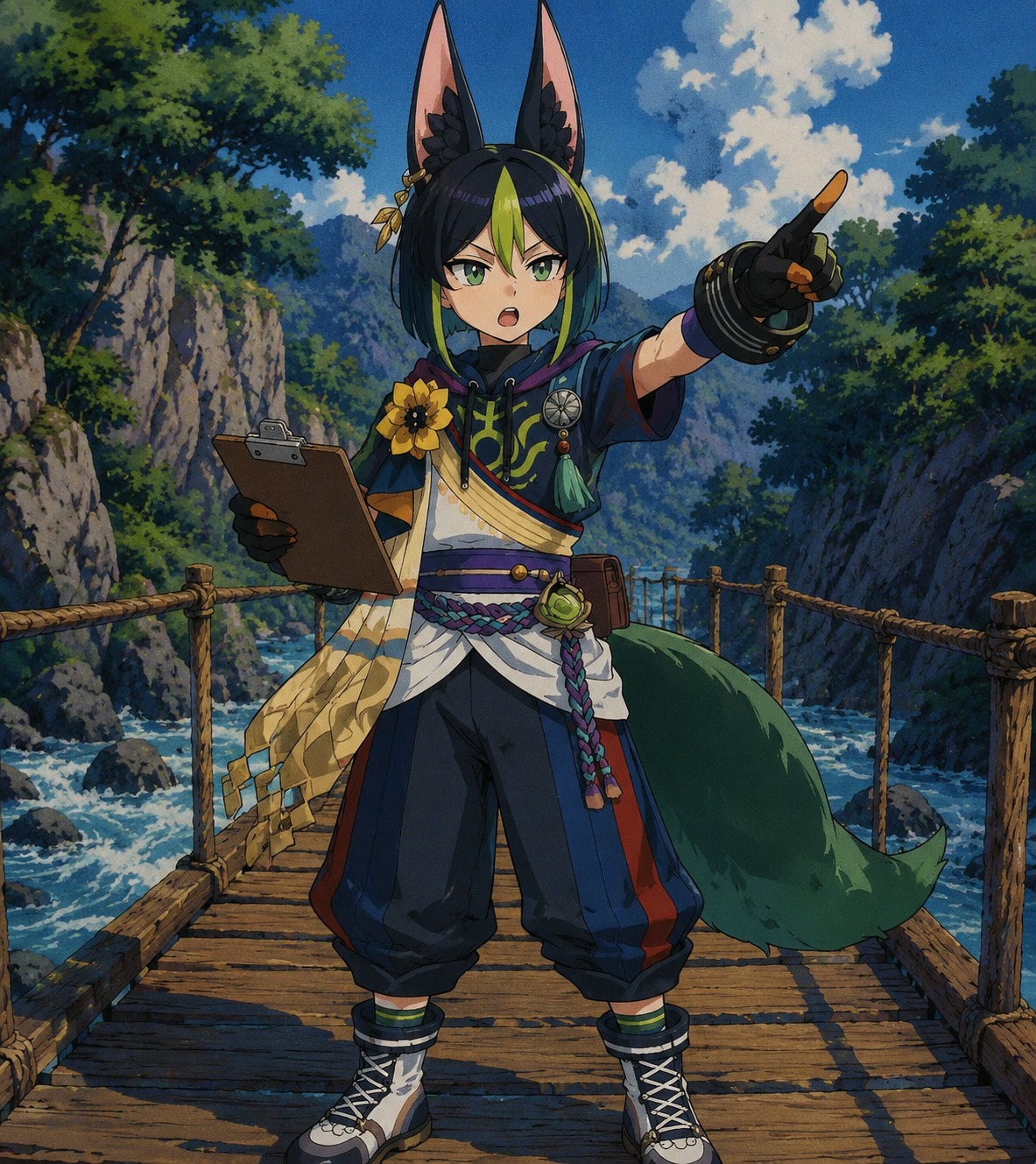Giving a stern lecture while gesturing with a clipboard On a wooden bridge over a rushing river (retro 90s anime cel shaded style)