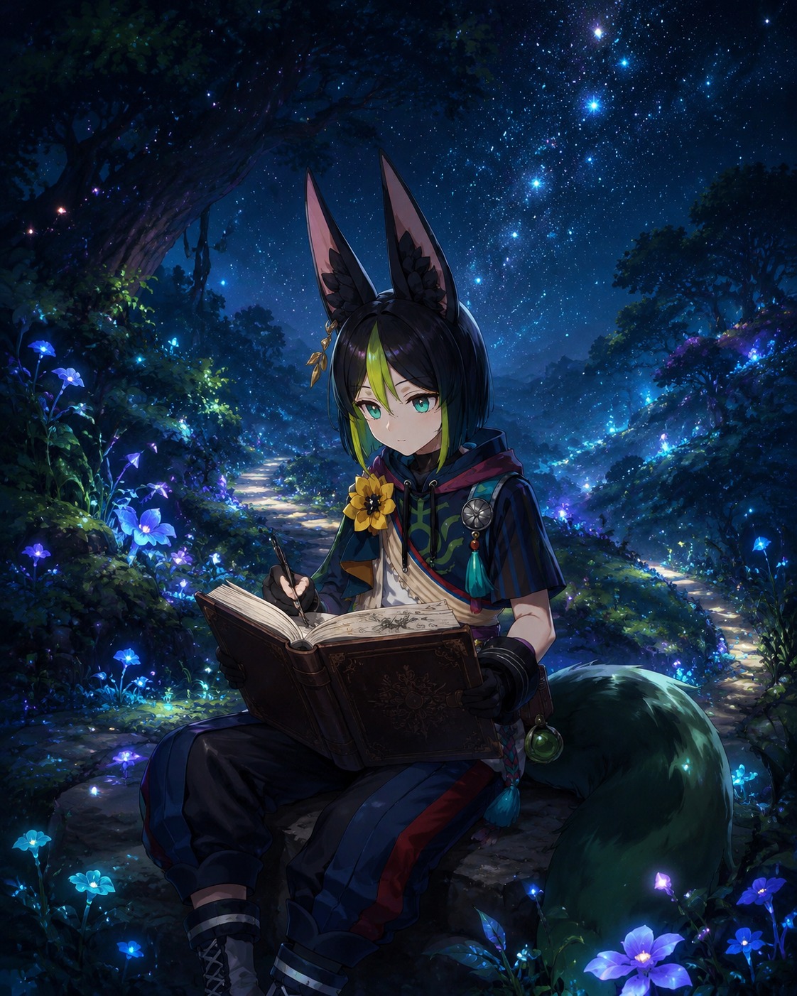 Sketching botanical diagrams in a leather-bound journal On a winding path under a canopy of stars (ethereal digital painting, bioluminescent glow)