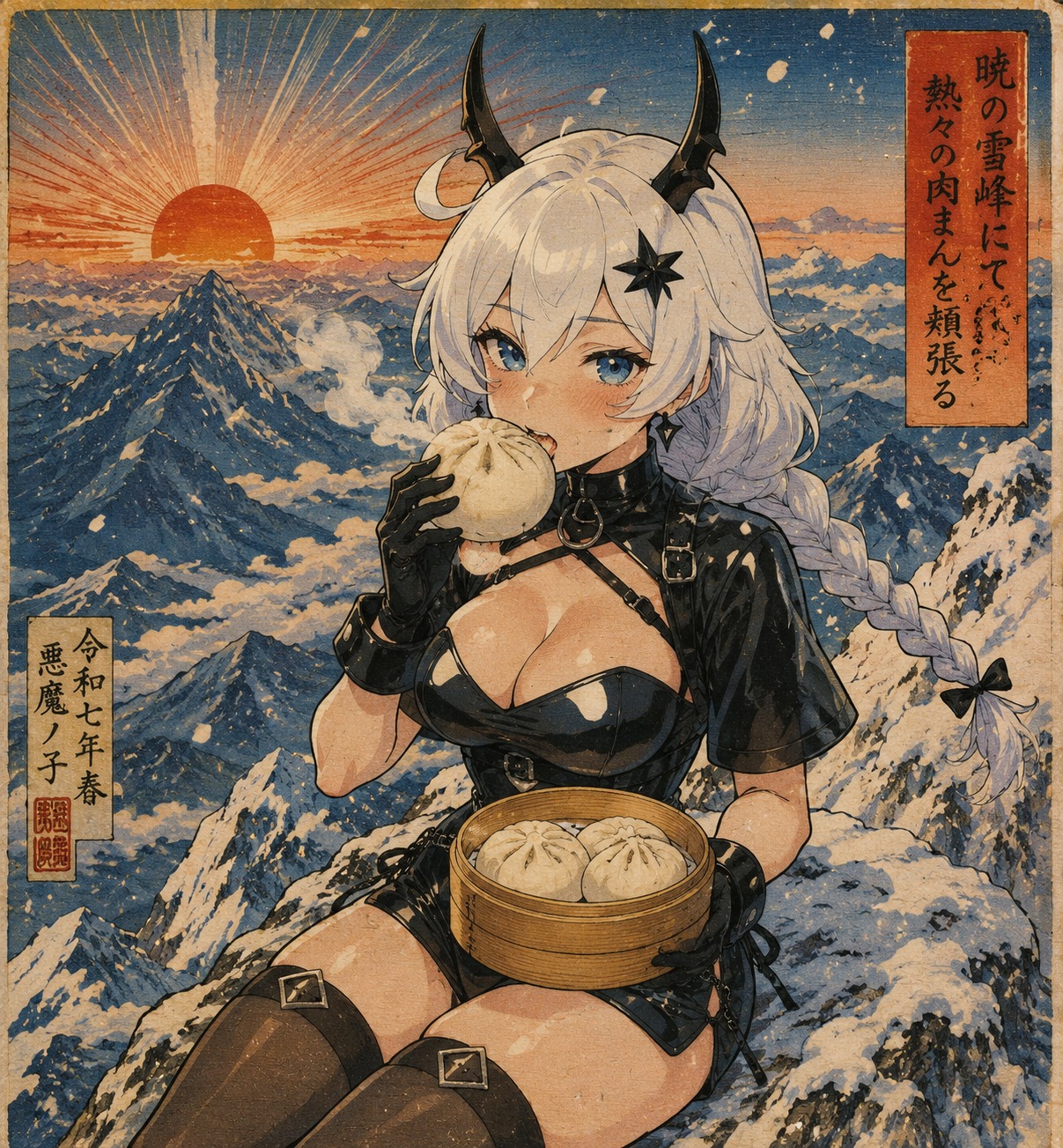 Biting into a steaming hot baozi bun On a snow-covered mountain peak at dawn (vibrant ukiyo-e woodblock print style)